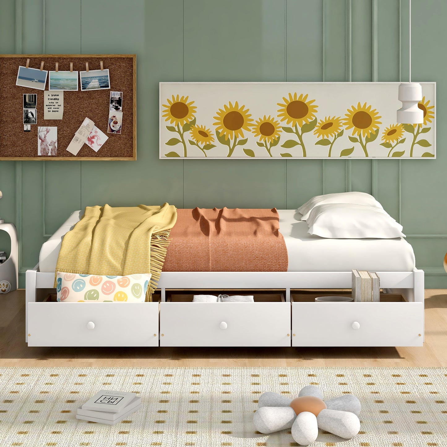 White twin daybed with three storage drawers perfect for a childs bedroom