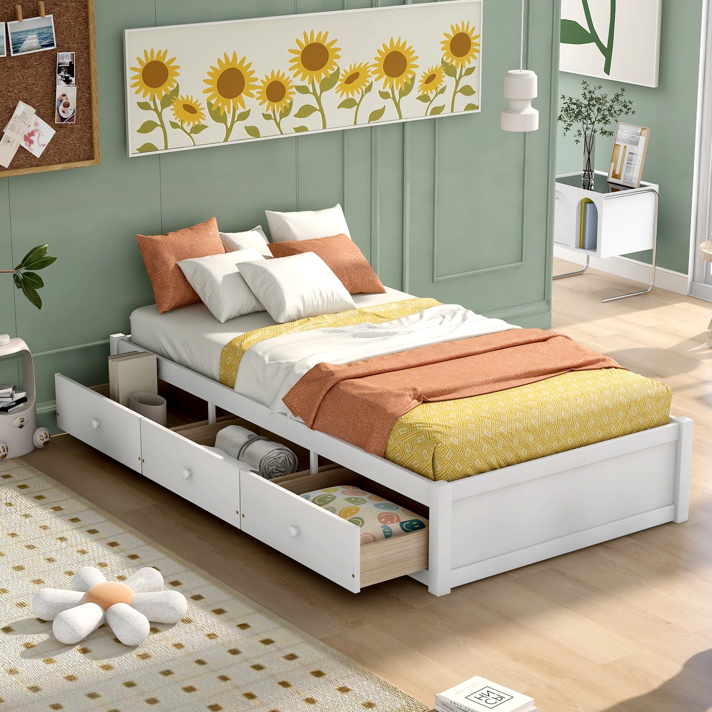 White twin bed frame with three storage drawers perfect for kids rooms