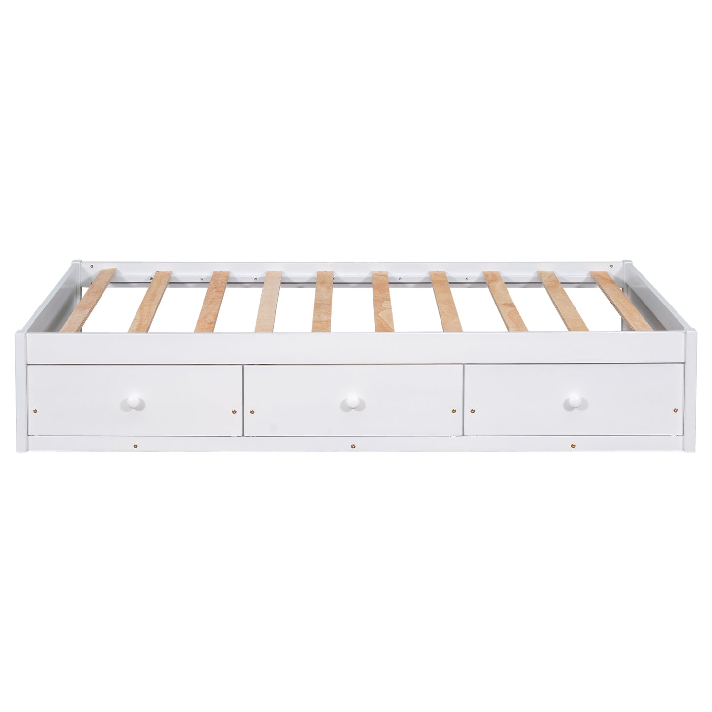 White wooden bed frame with three storage drawers and slatted support for mattress