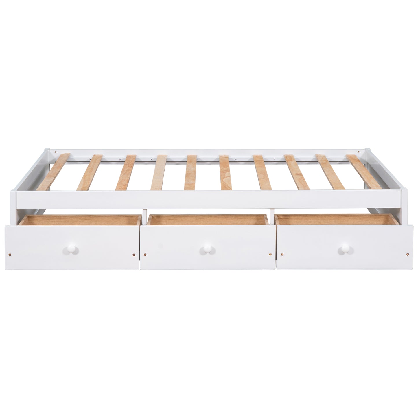 White wooden twin bed frame with three integrated storage drawers