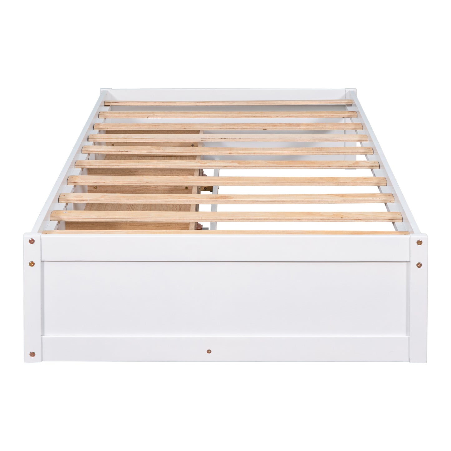 White wooden bed frame with solid slats and drawer ready for mattress assembly
