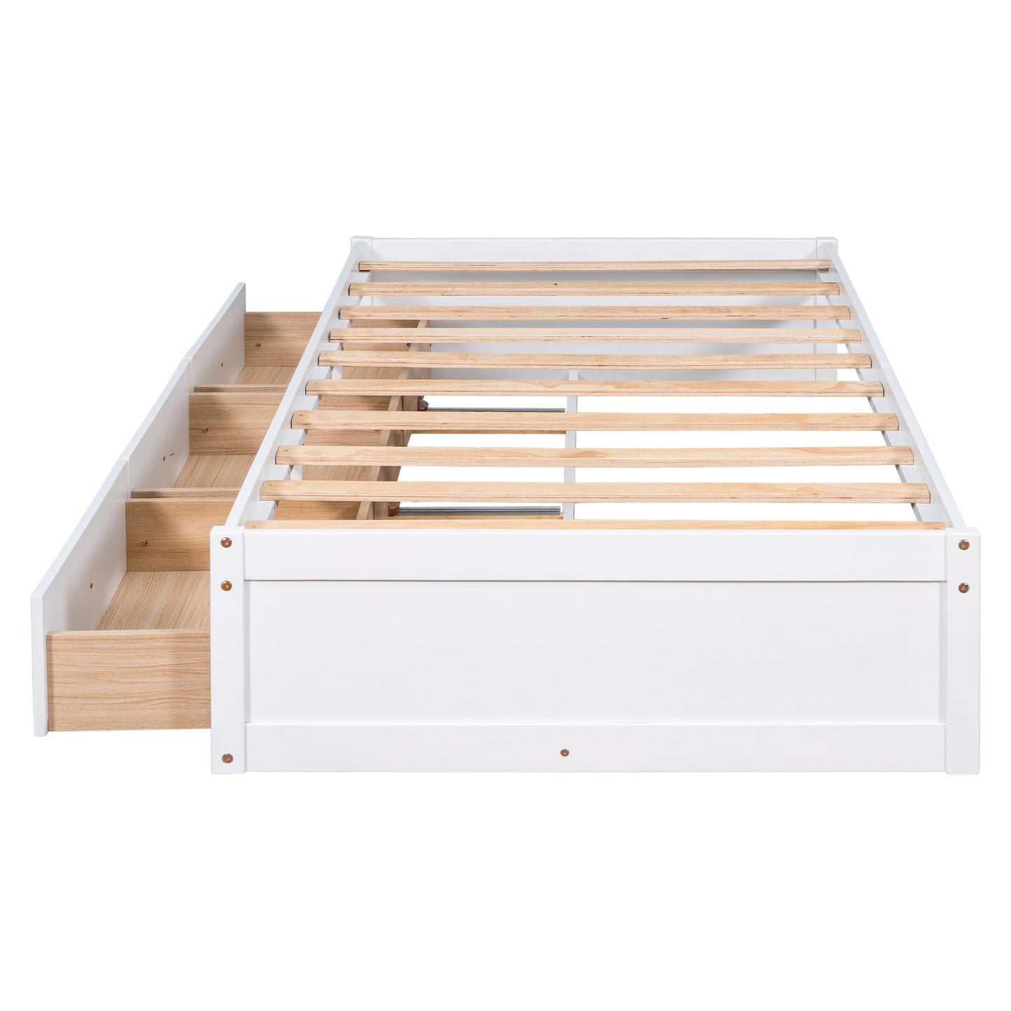 White wooden twin bed frame with two builtin storage drawers