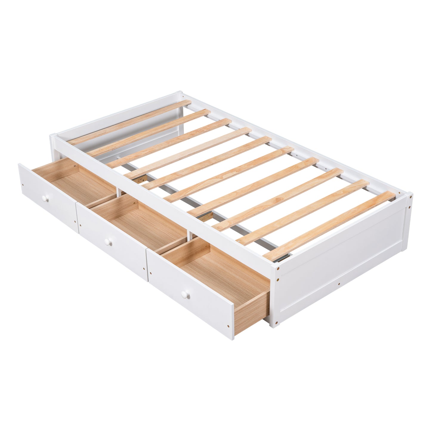 White twin bed frame with three pullout storage drawers underneath