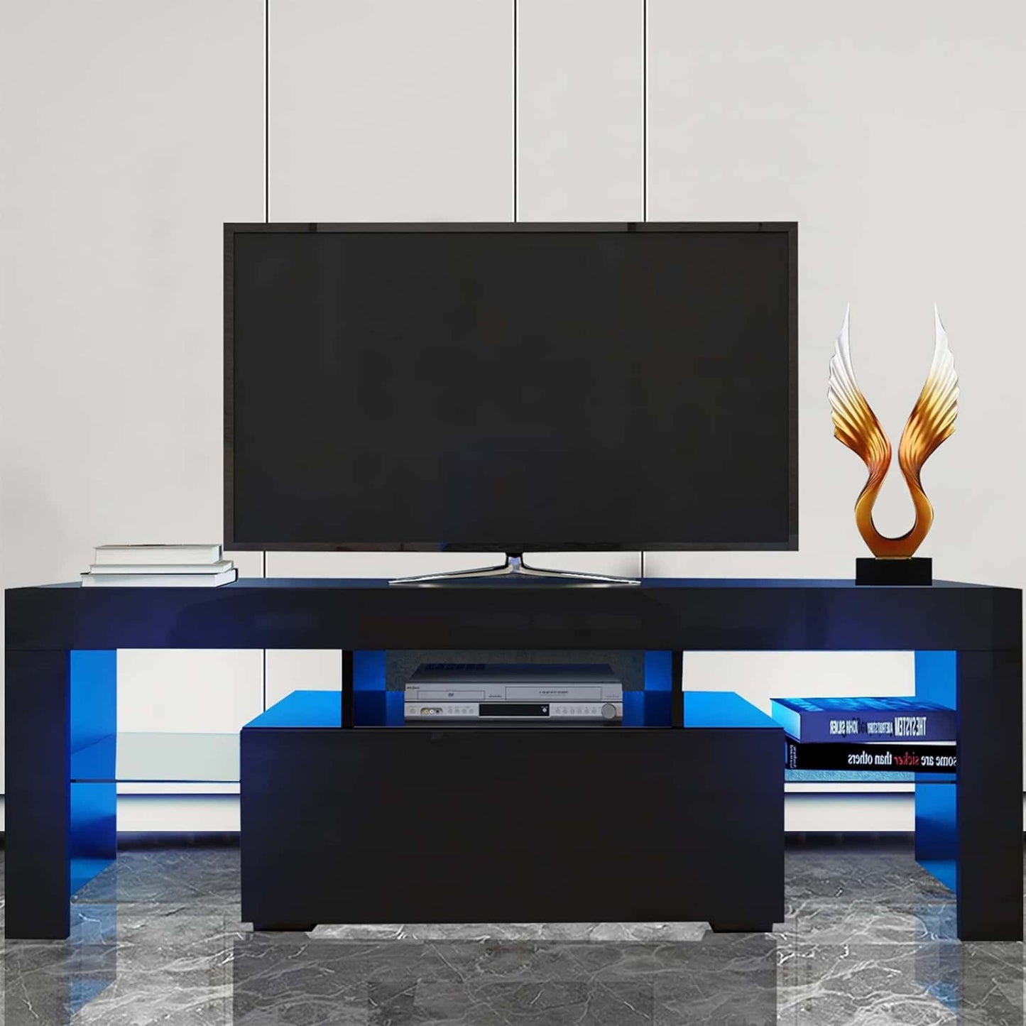 Sleek black modern TV stand with blue LED accents and ample shelving space