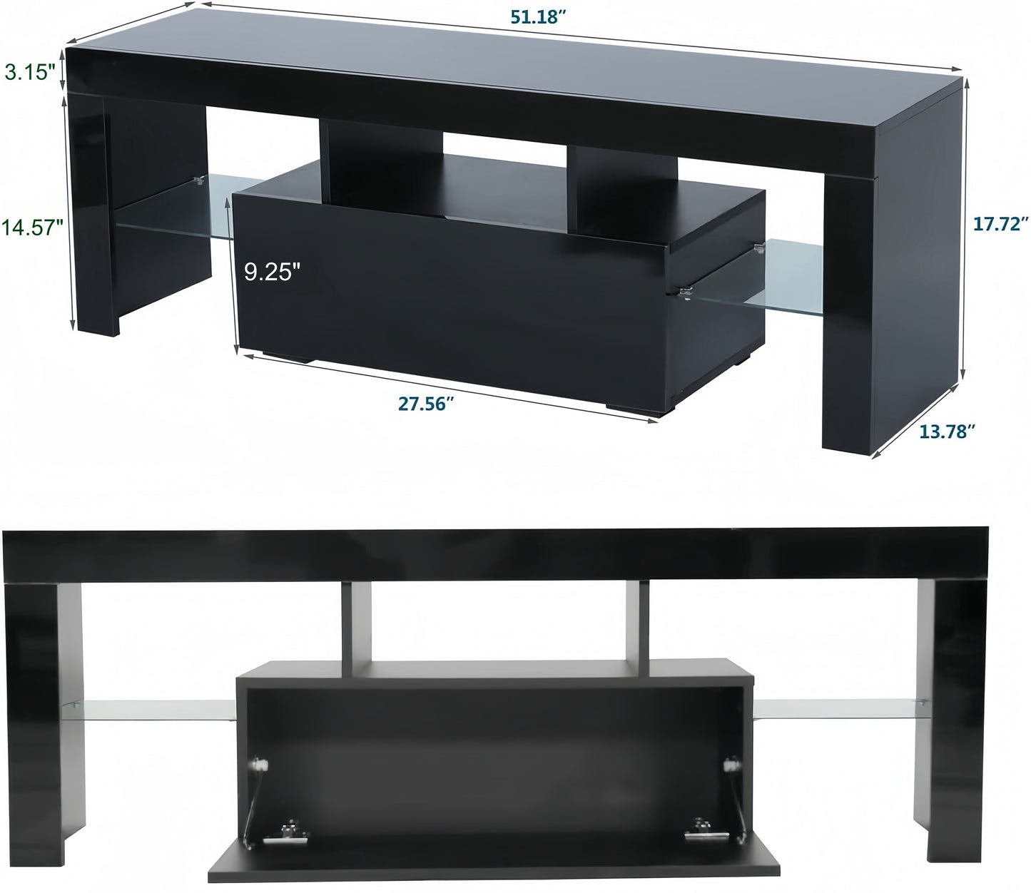 Sleek black modern entertainment center with tempered glass shelves for media storage