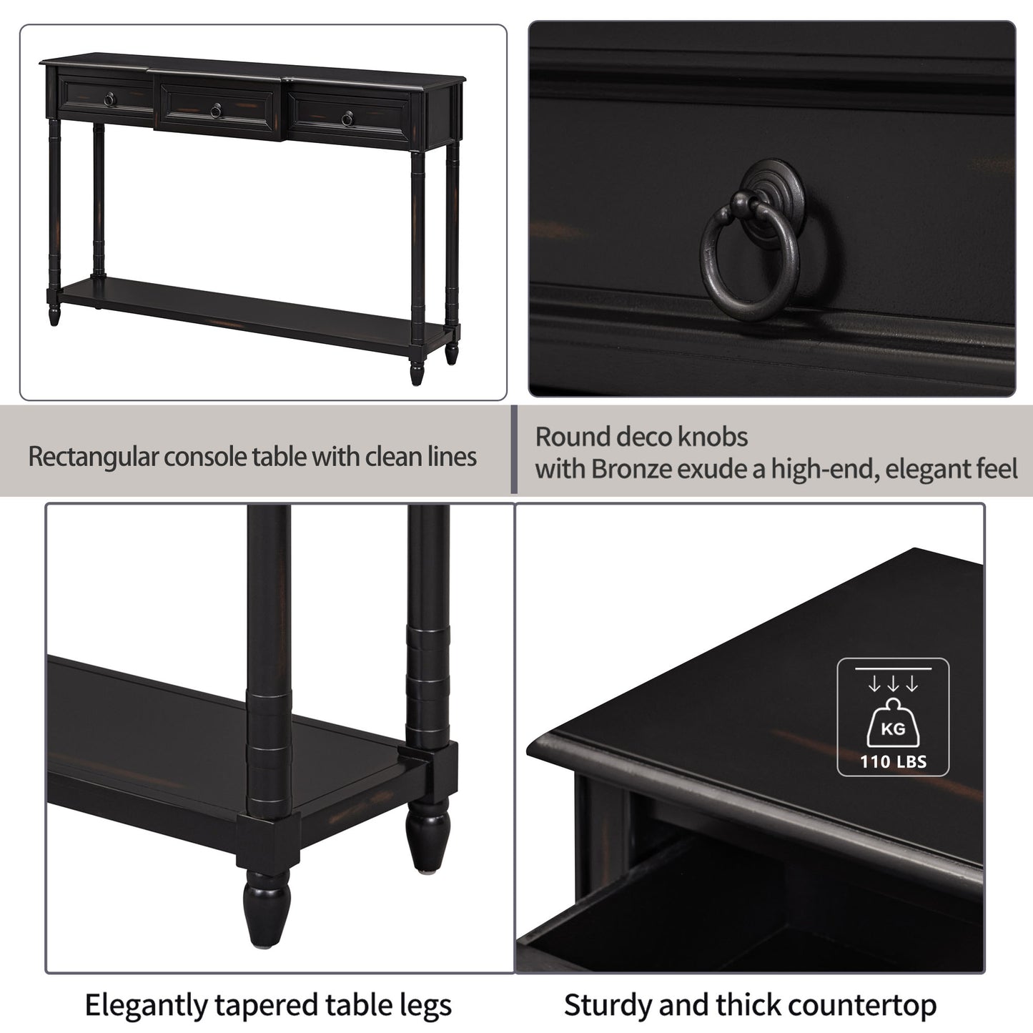 Black console table with two drawers and a lower shelf featuring clean lines and elegant design