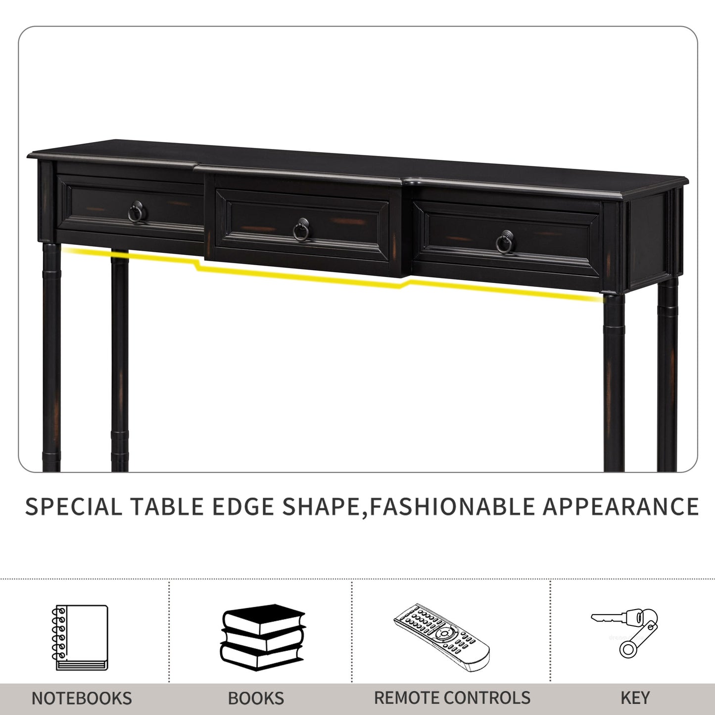 Black console table with three drawers and ring pulls for entryway decor