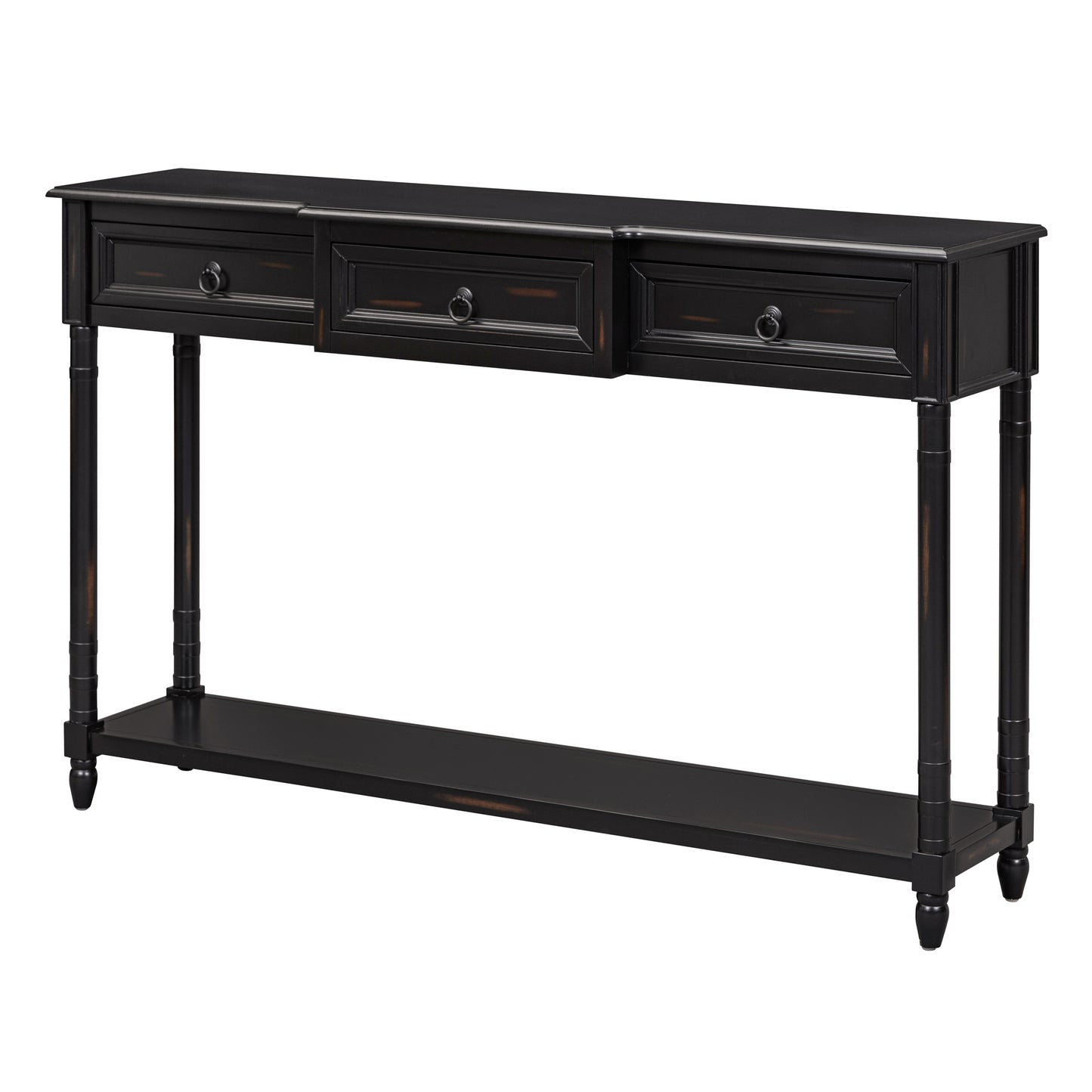 Black console table with three drawers and lower shelf perfect for entryways