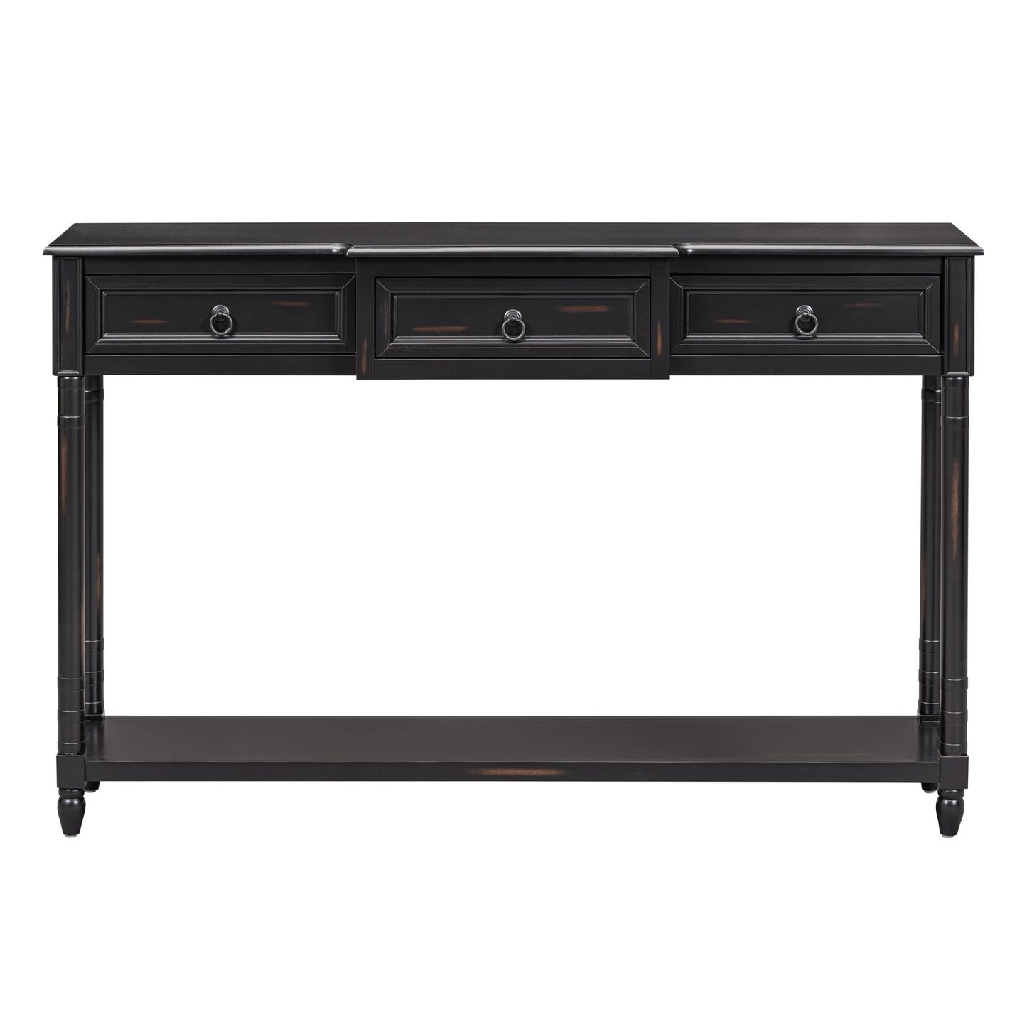 Black distressed wood console table with three drawers and silver pull rings