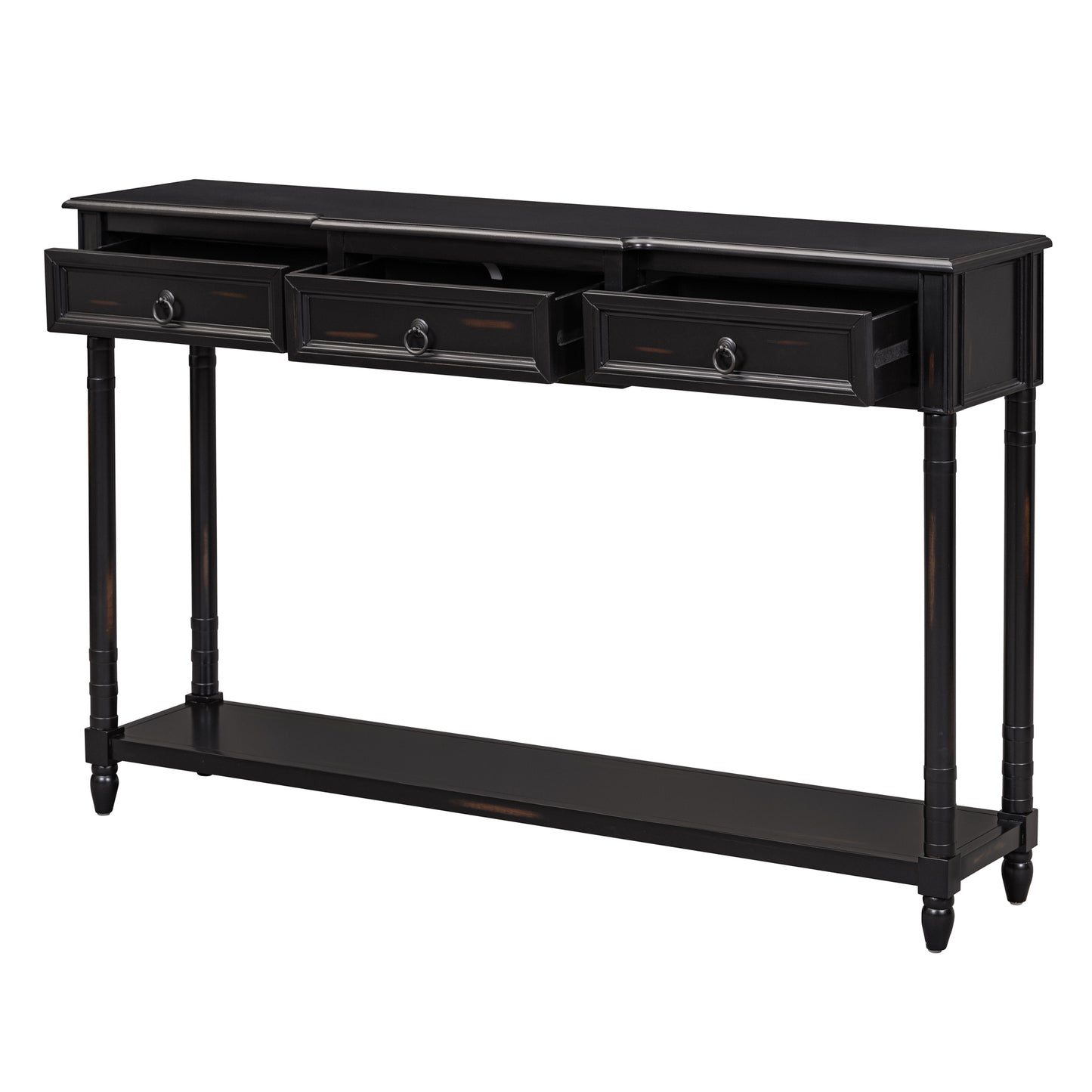 Black console table with three drawers ring pulls and a bottom shelf