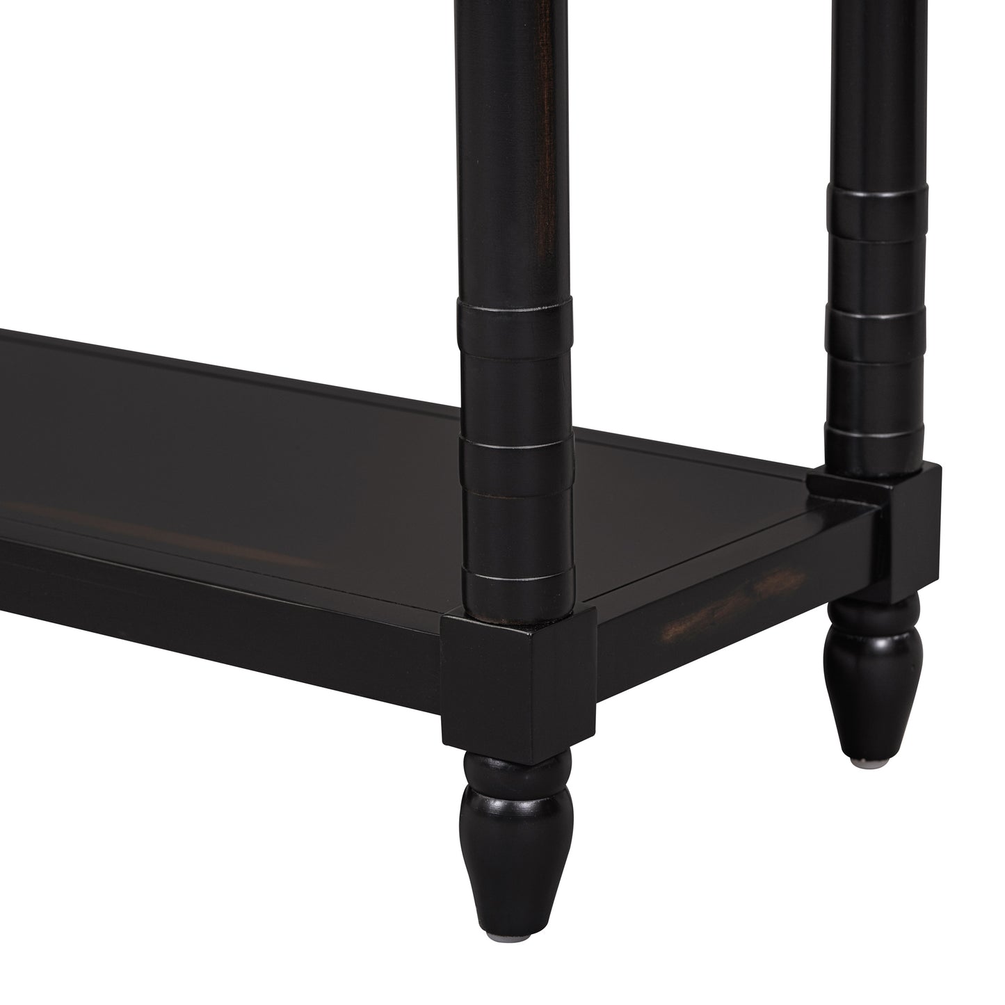 Dark brown wooden console table with turned legs and two shelves