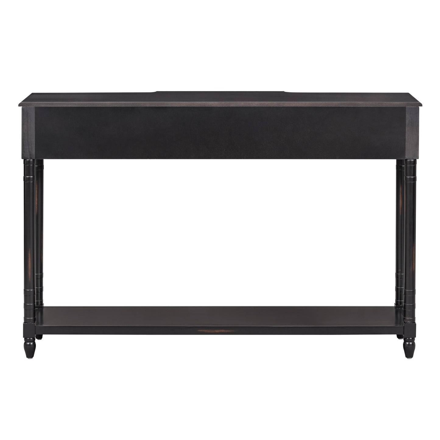 Classic black console table with turned legs and a lower shelf for storage