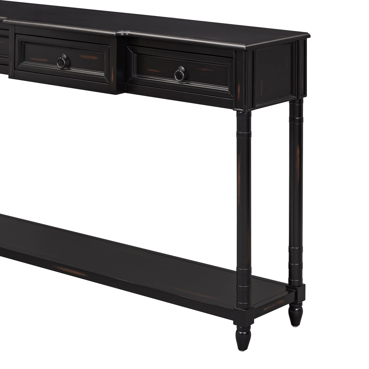 Black distressed wood console table with ring pull drawers and lower shelf