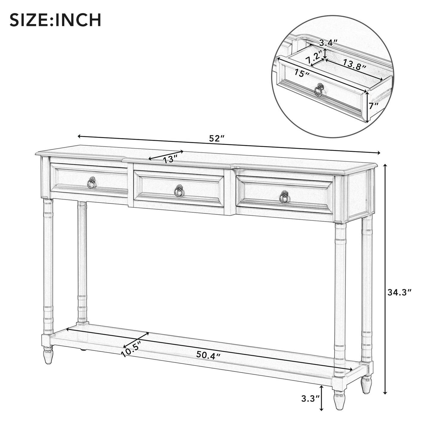 Sketch of a inch long console table with three drawers and decorative legs