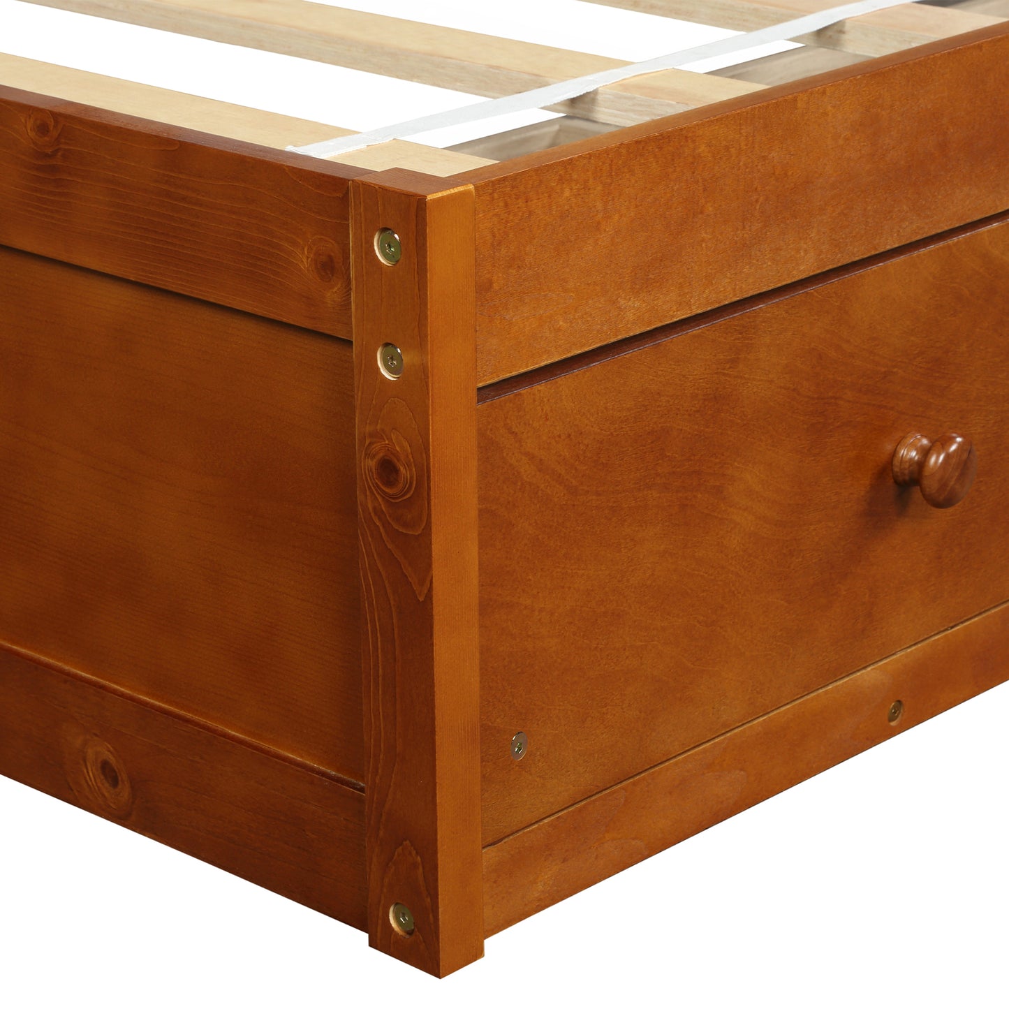 Honey oak wood bed frame with integrated drawer and wooden knob for bedside storage