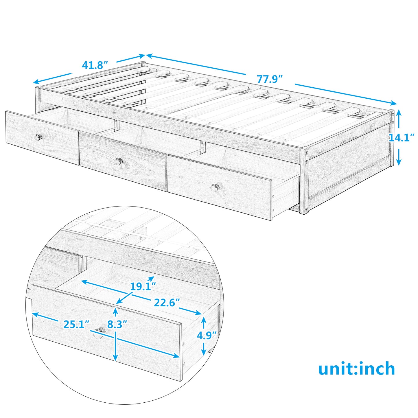 Wooden twin bed frame with three drawers length