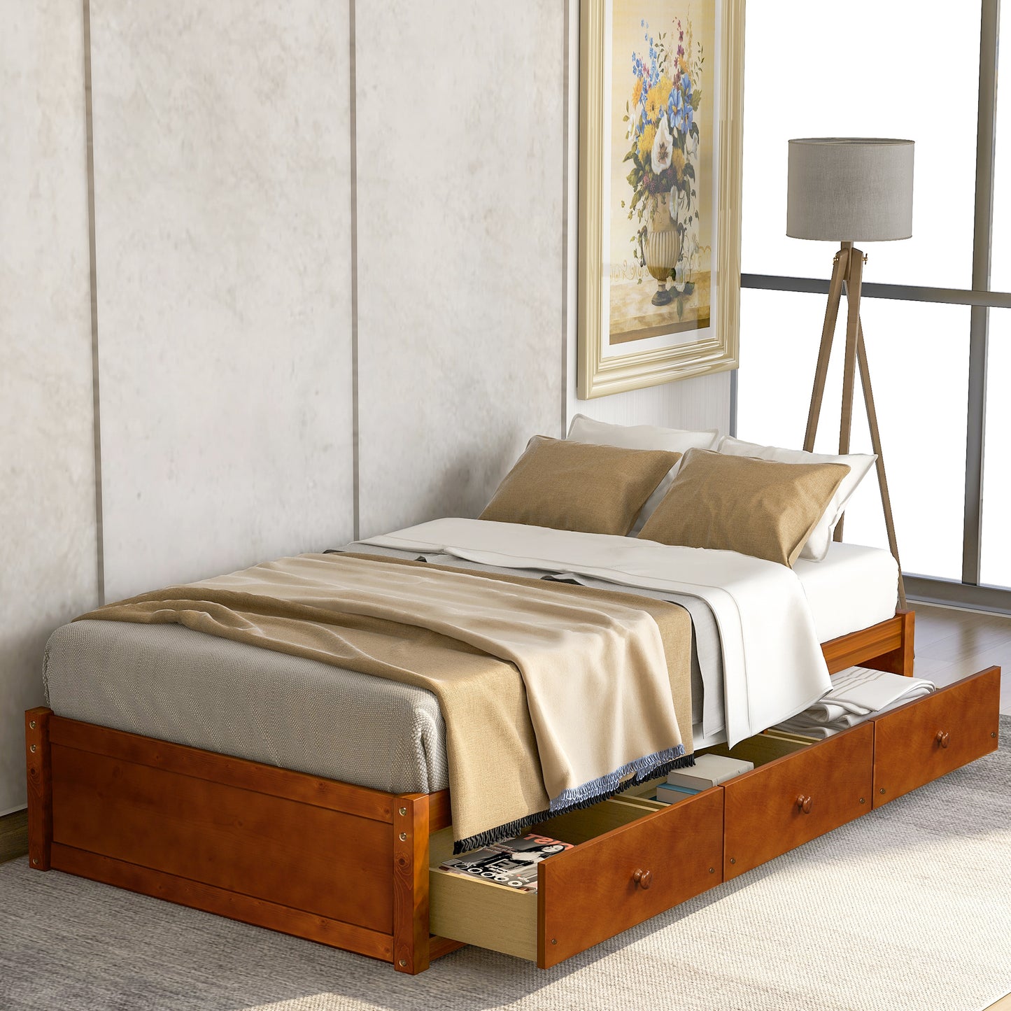 Wooden platform bed frame with four drawers in a warm cherry finish queen size