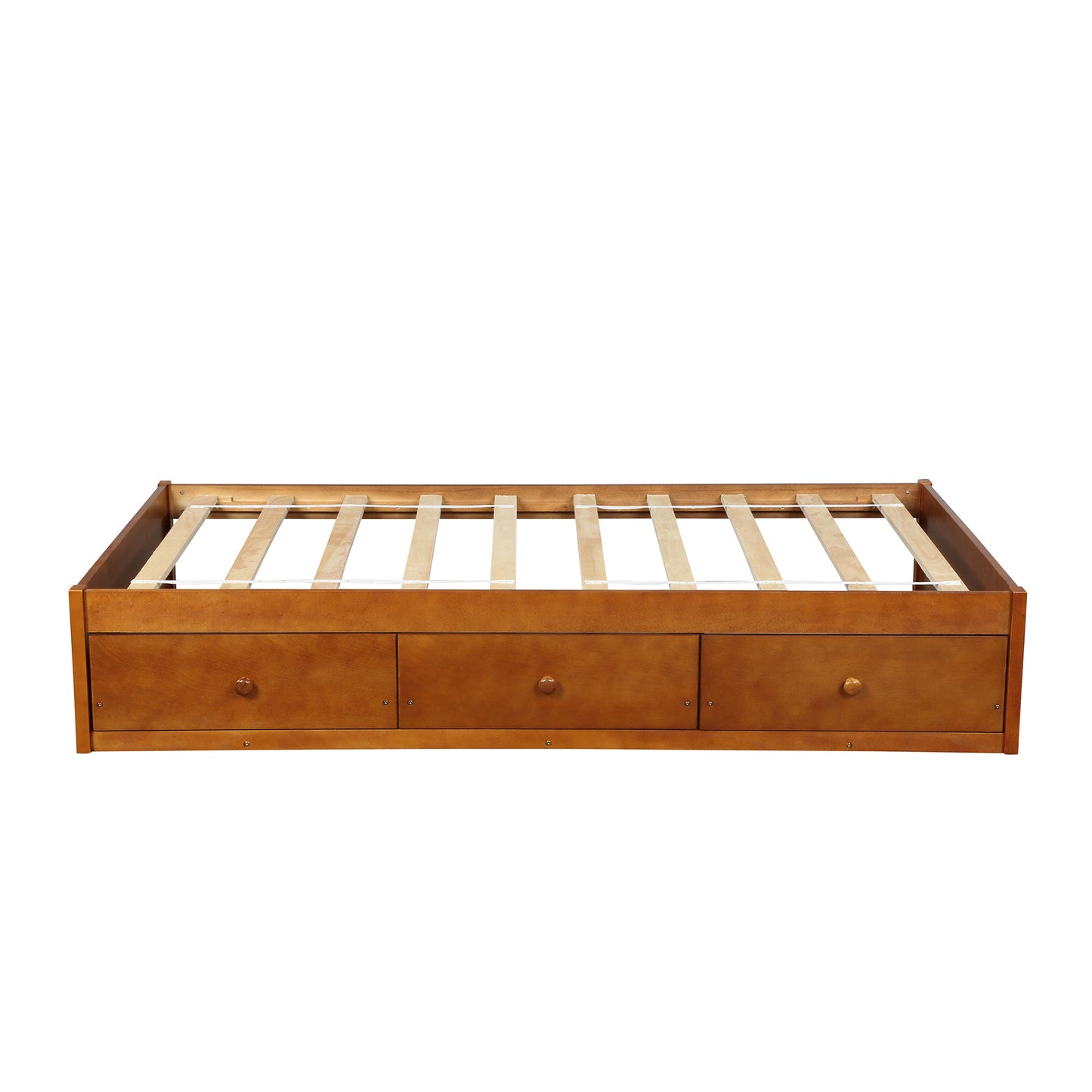 Wooden bed frame with three drawers and slatted support in natural oak finish
