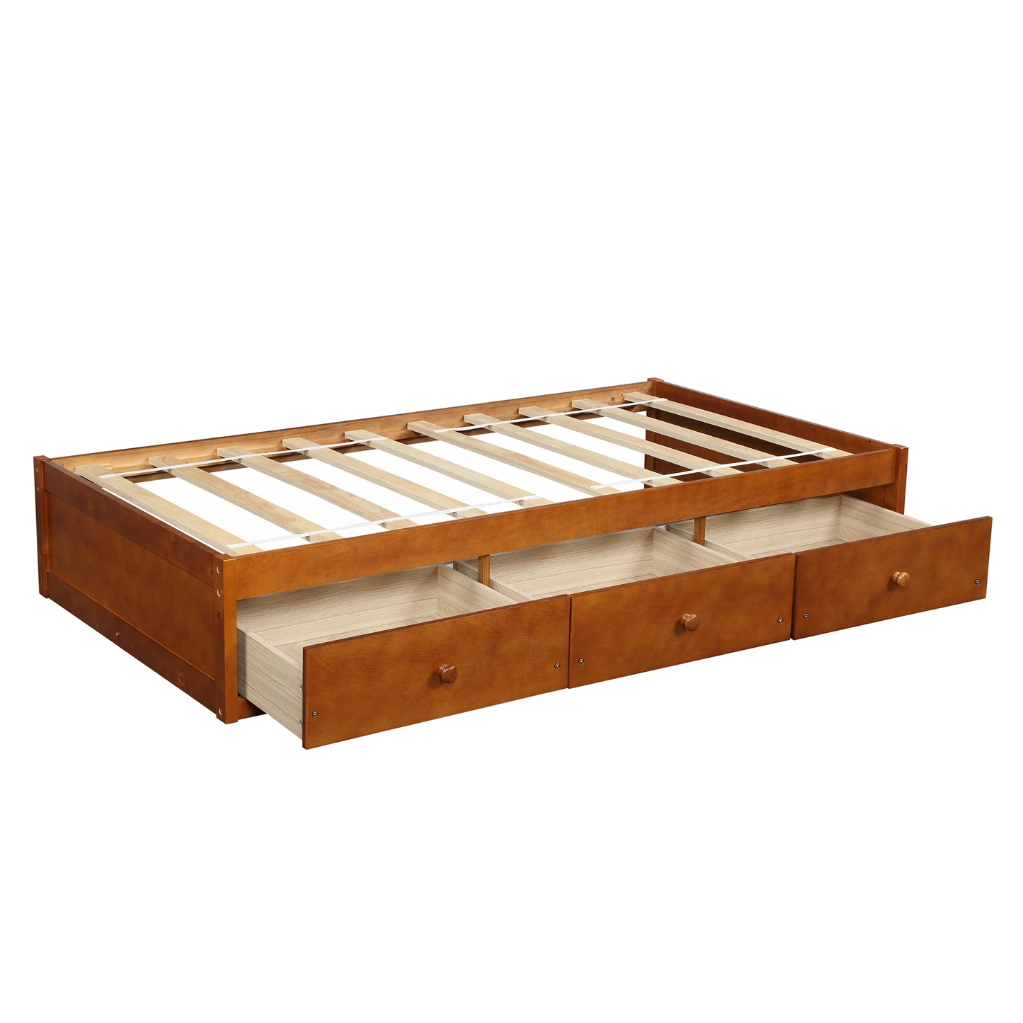 Wooden twin platform bed frame in warm chestnut with three integrated storage drawers