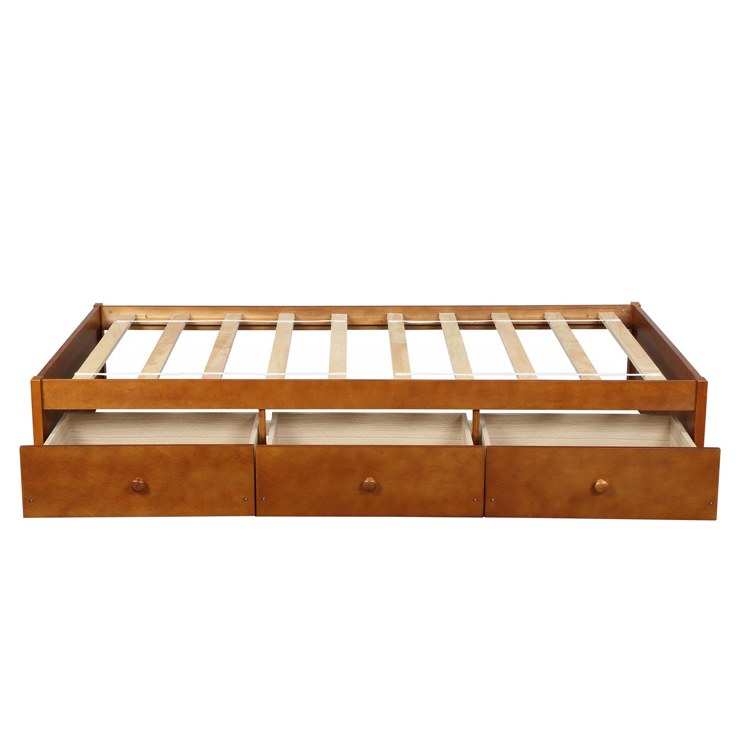 Wooden platform bed frame with three storage drawers honey finish