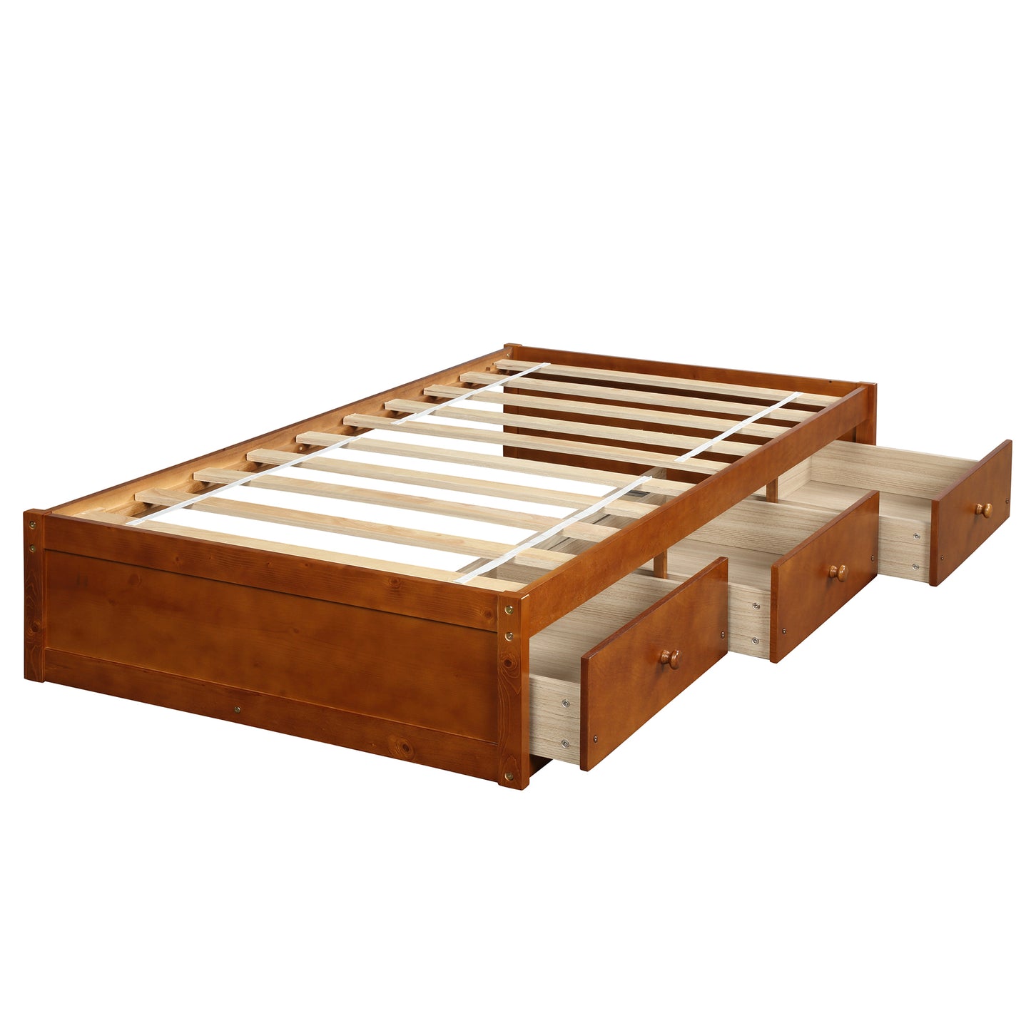Brown wooden platform bed frame with three exposed storage drawers