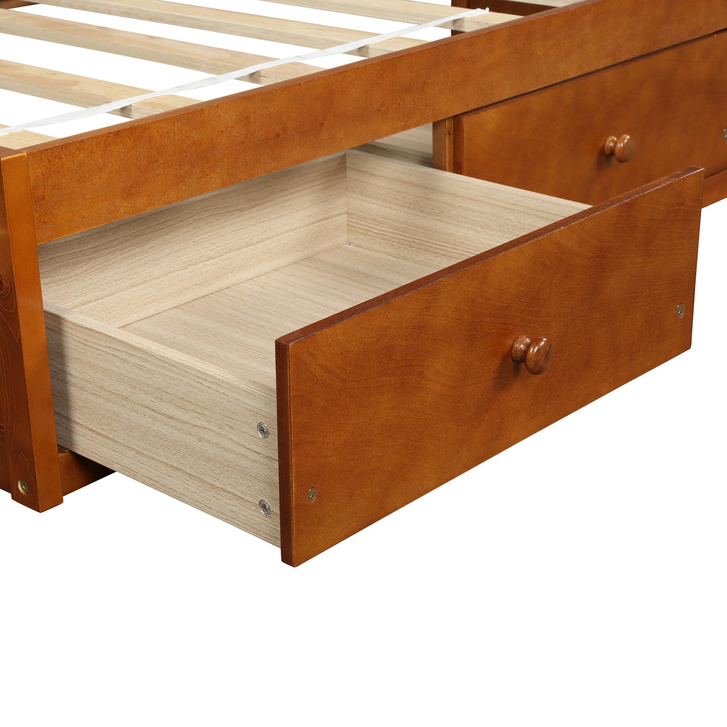 Wooden twin bed frame with natural wood drawers partially open showing slatted mattress support