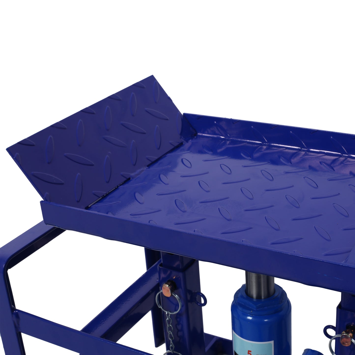 Blue diamond plate ramp with hydraulic jack for car lifting