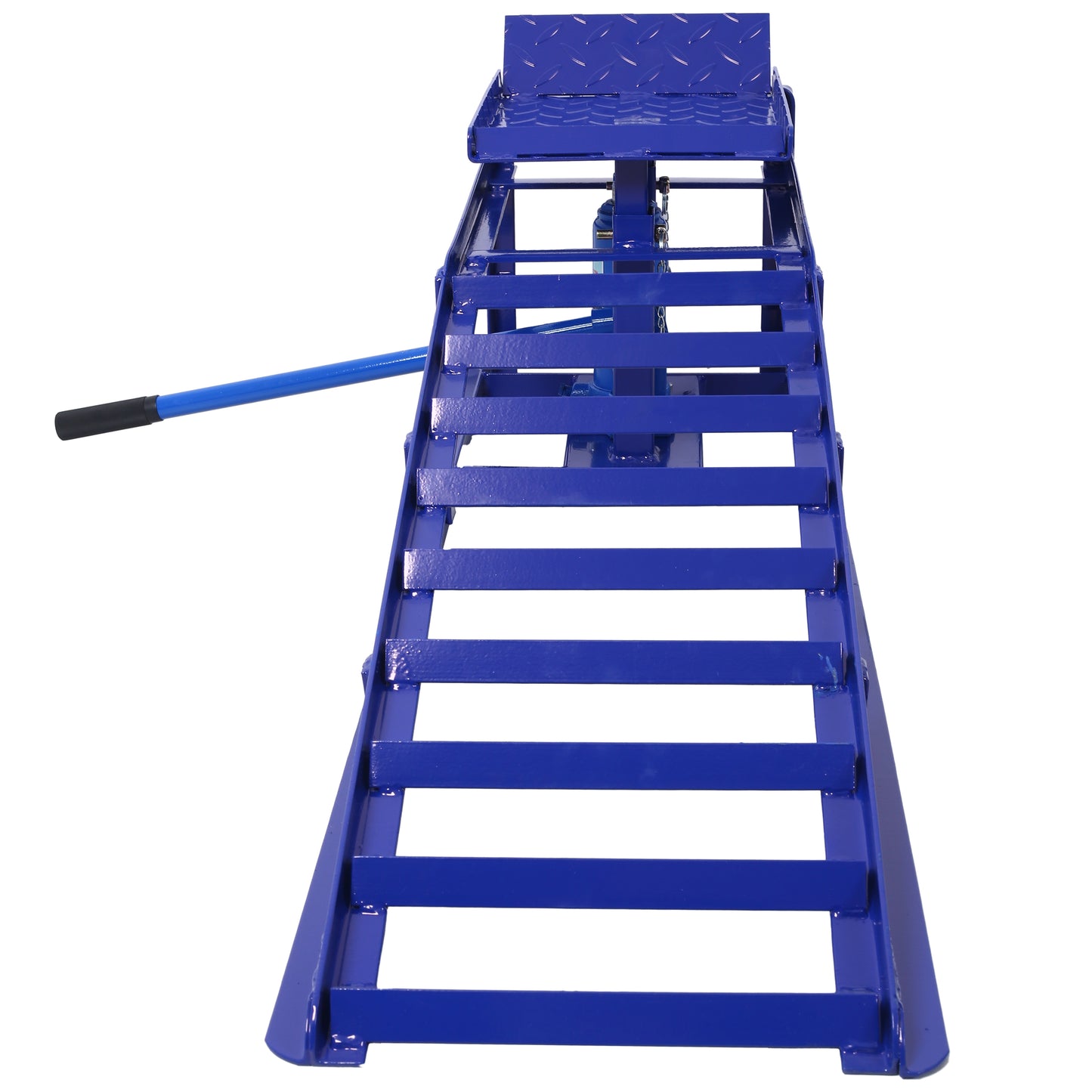 Heavyduty blue hydraulic car jack ramp with textured platform for vehicle maintenance