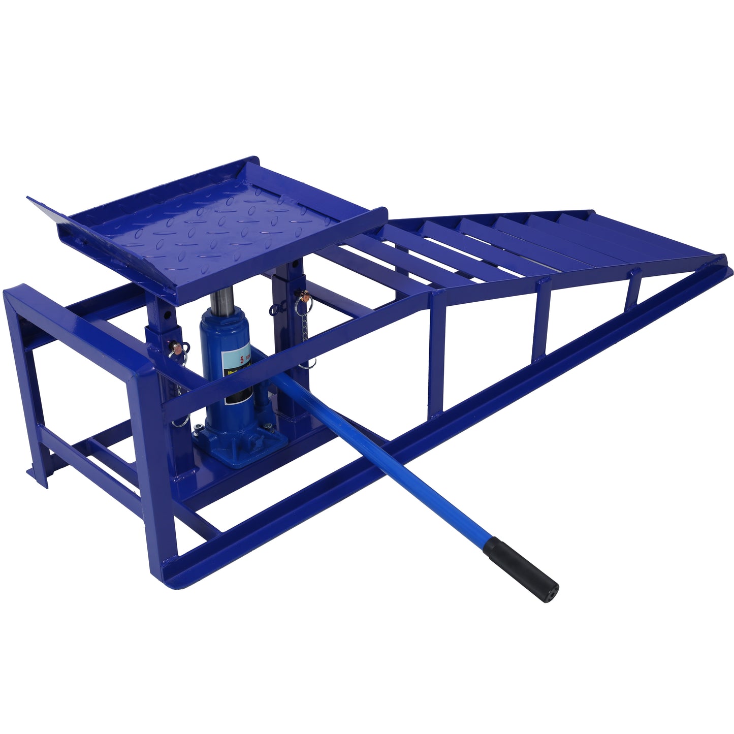 Blue hydraulic car jack ramp with diamond plate platform and metal construction