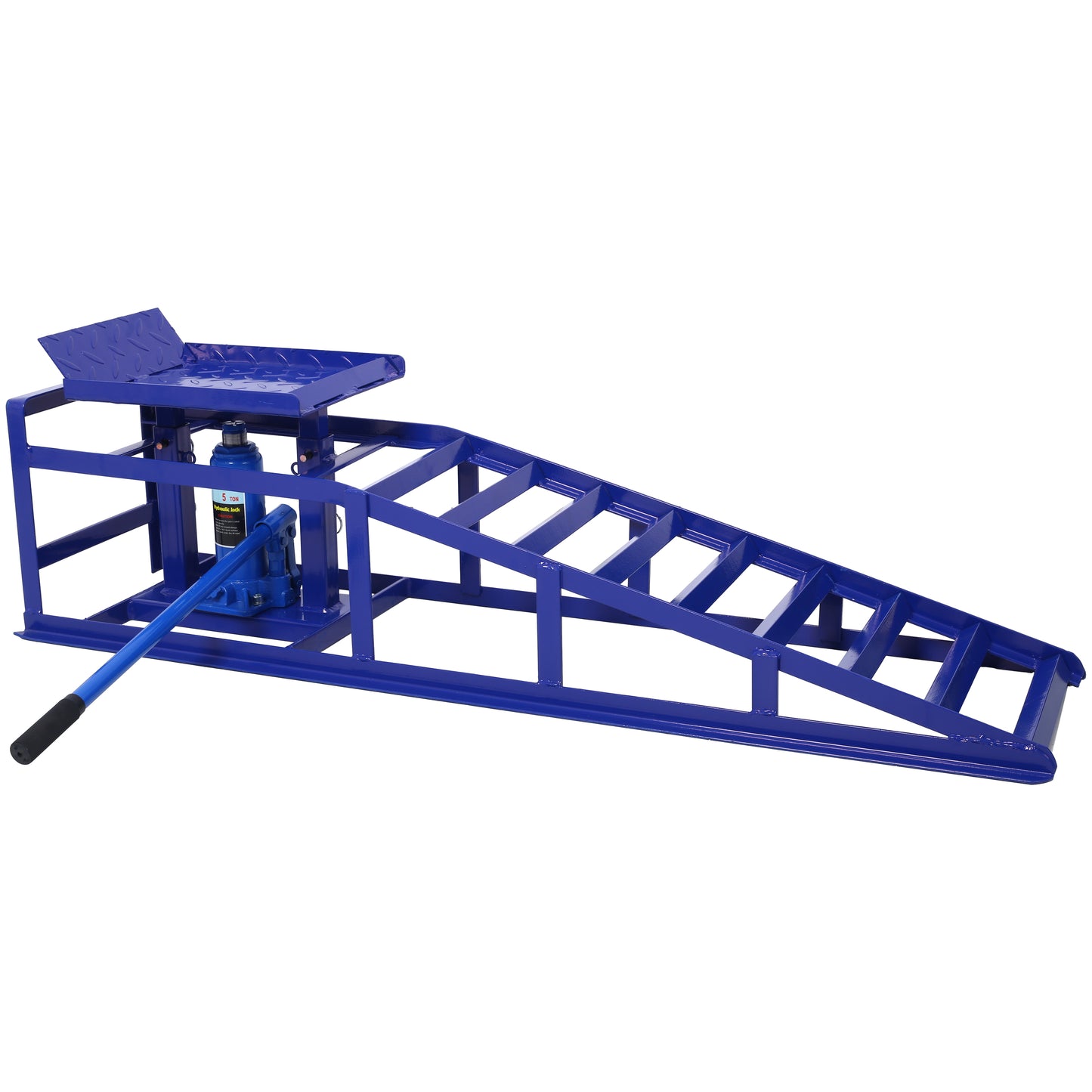 Blue hydraulic car jack ramps with diamond plate platform for vehicle maintenance