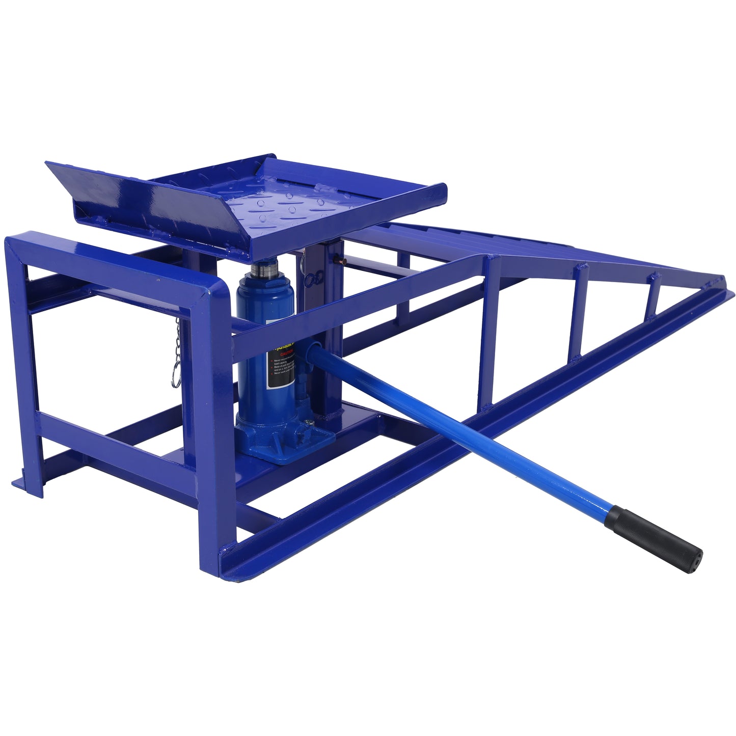 Blue metal car ramp with integrated hydraulic jack for lifting vehicles