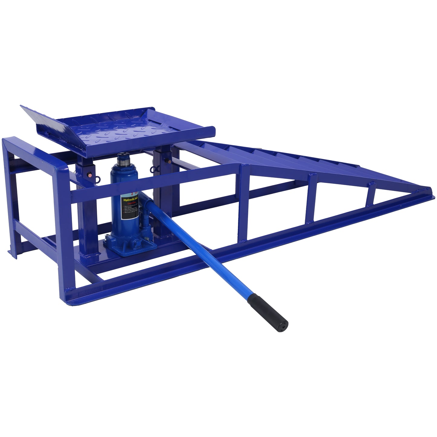 Blue ton hydraulic jack car ramps with textured lifting platform and durable steel frame