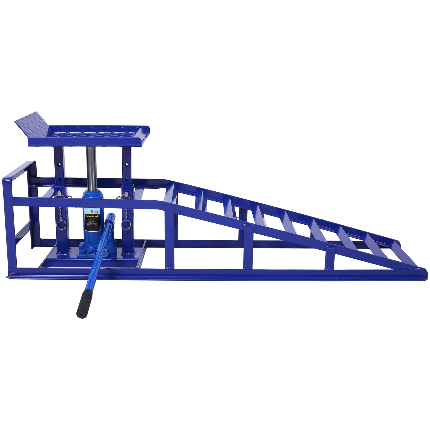 Blue steel car jack ramp with a ton hydraulic lift for vehicle maintenance