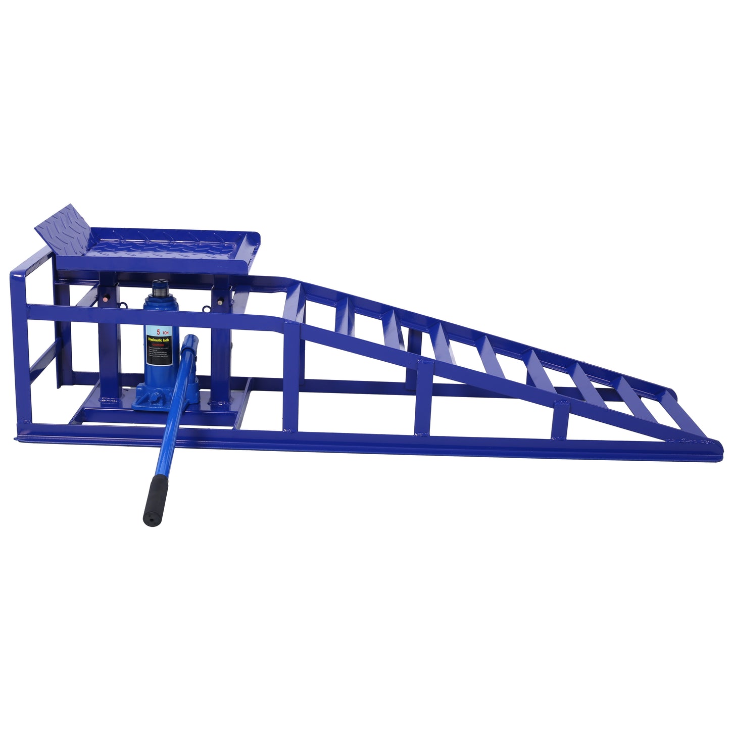 Blue hydraulic jack integrated with a car ramp system