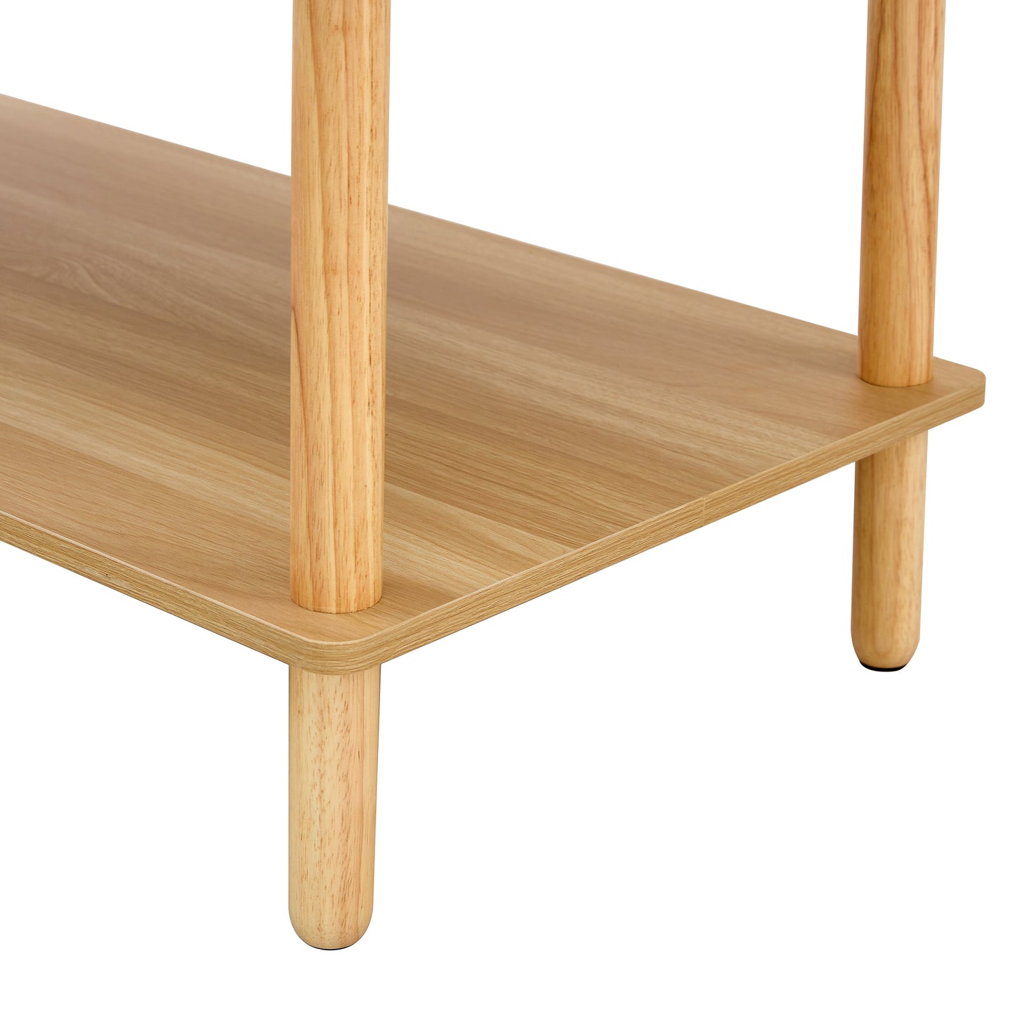 Natural wood tone twotier shelf unit with rounded legs for modern storage