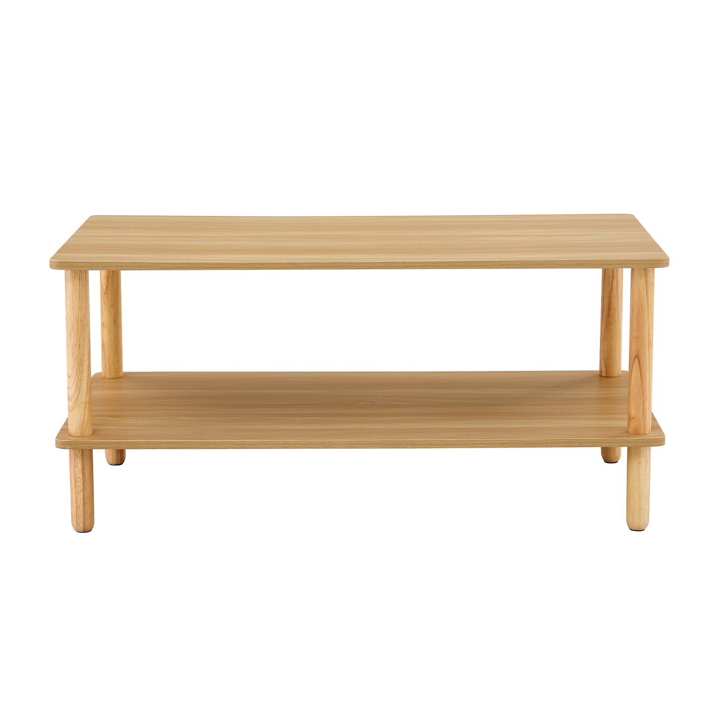 Natural wood twotier coffee table with rounded corners ideal for living room storage