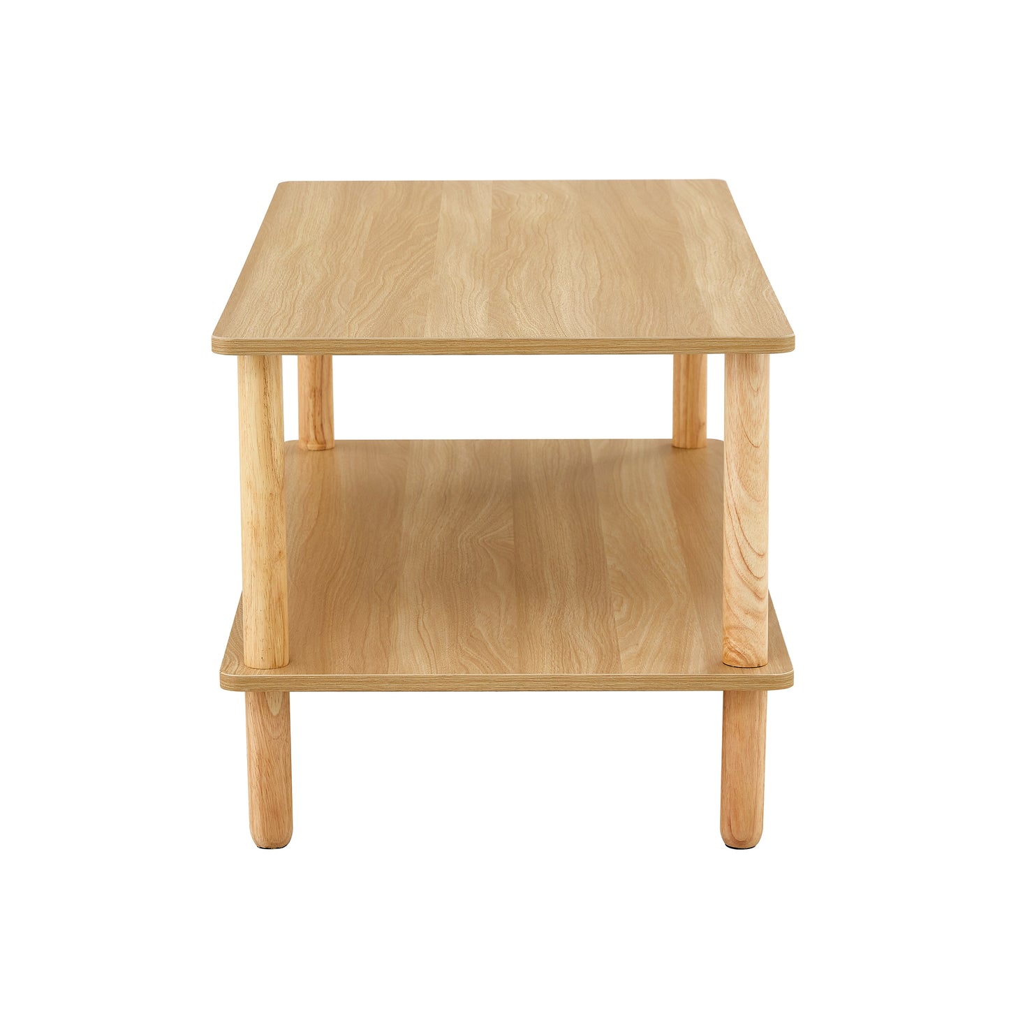 Twotiered natural wood coffee table with rounded edges for a modern living room