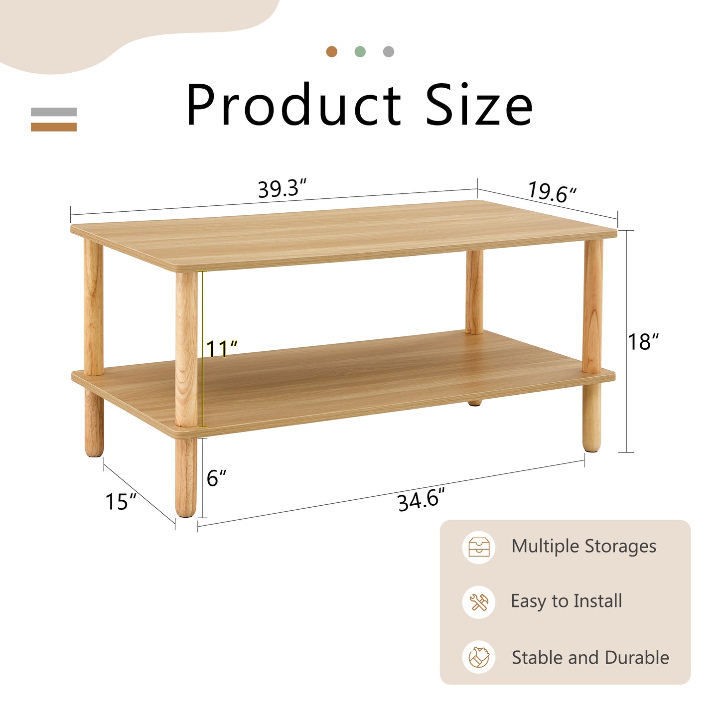 Modern light wood coffee table with two tiers and clear dimension labels