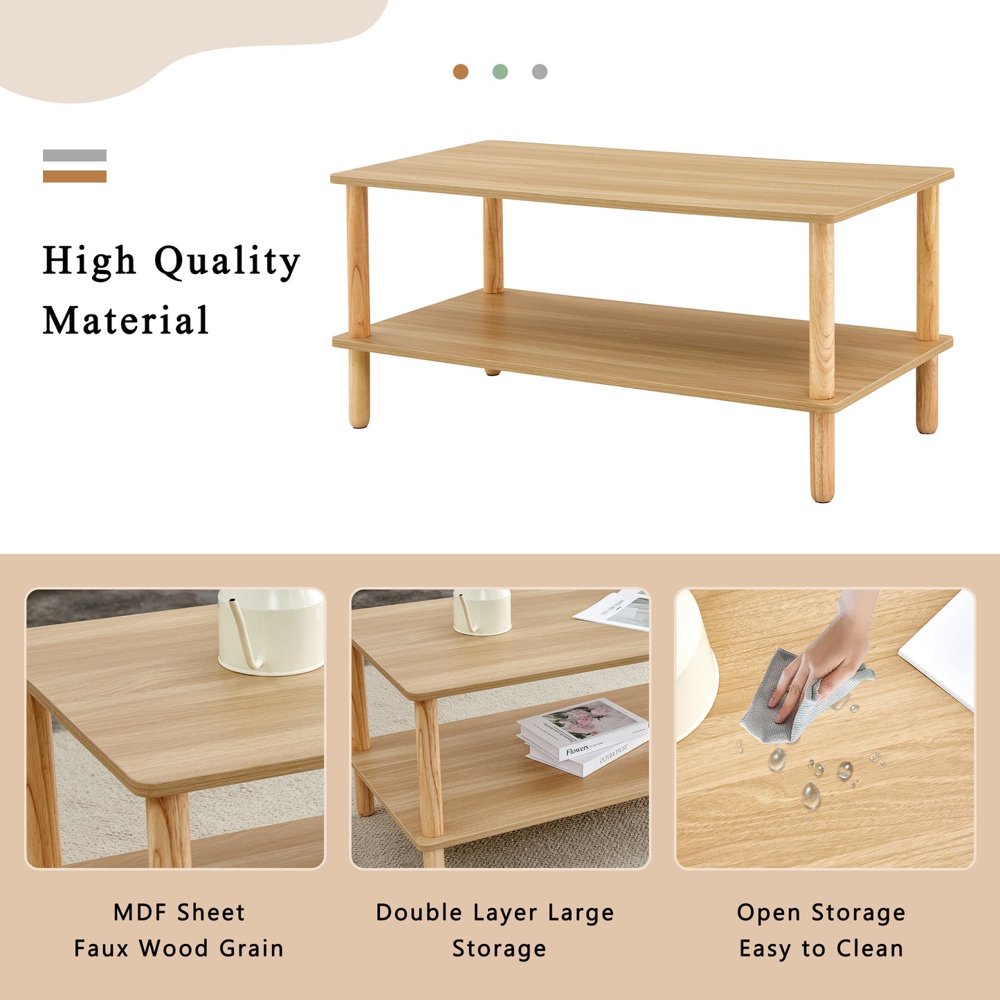 Light wood grain coffee table with two tiers for ample storage space