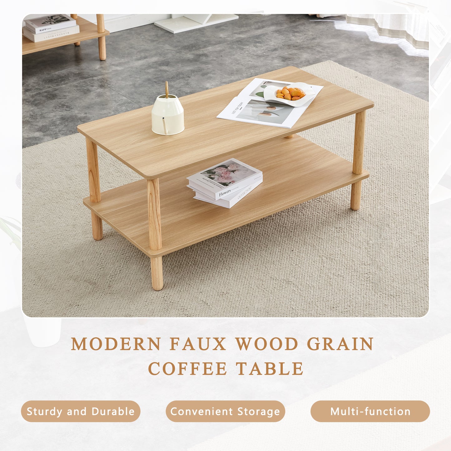 Light oak twotier coffee table with modern faux wood grain design