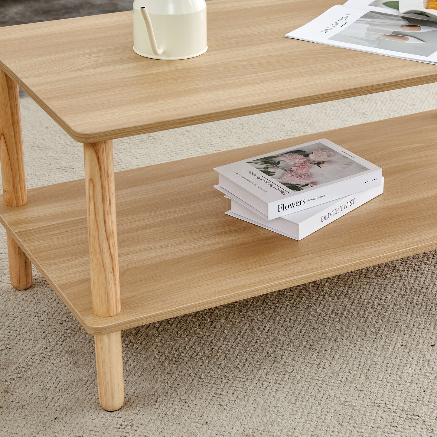 Natural oak wood coffee table with two shelves perfect for living rooms