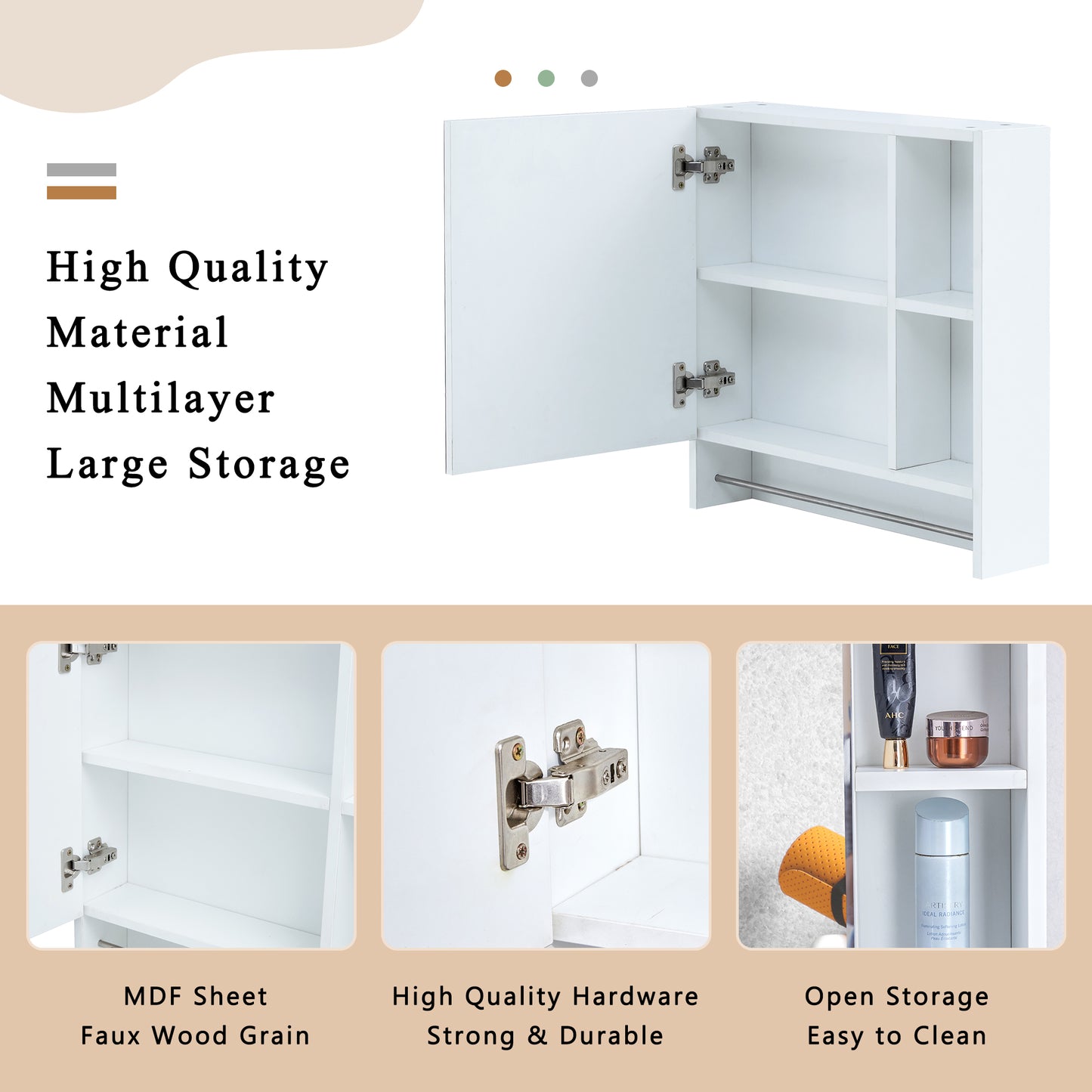 White MDF bathroom cabinet with open shelves and metal towel bar