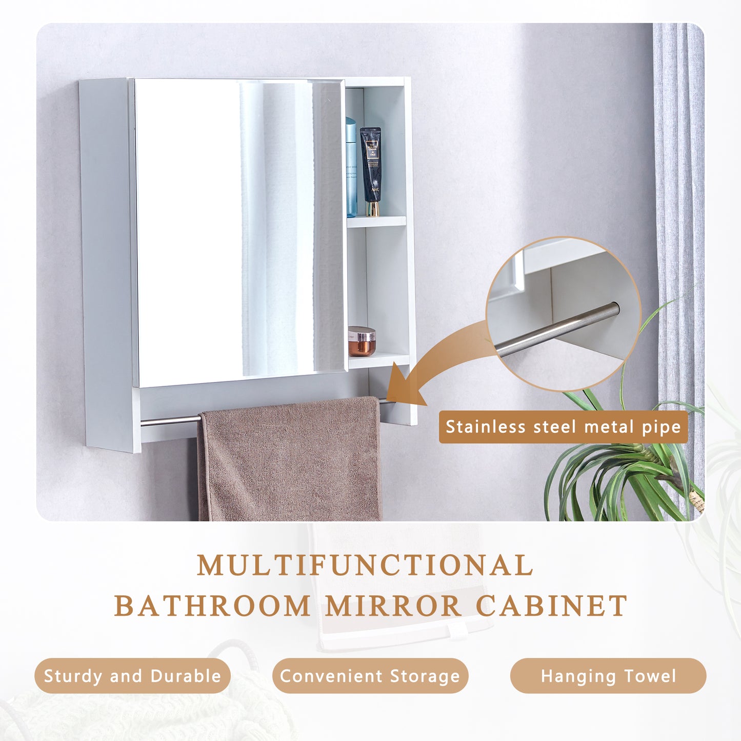 White wallmounted bathroom mirror cabinet with towel bar and storage shelves