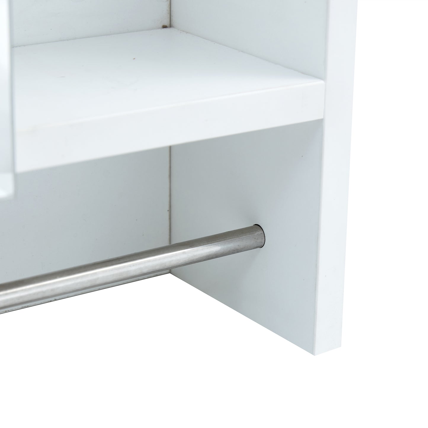 White modern shelf with brushed silver towel bar ideal for bathroom storage