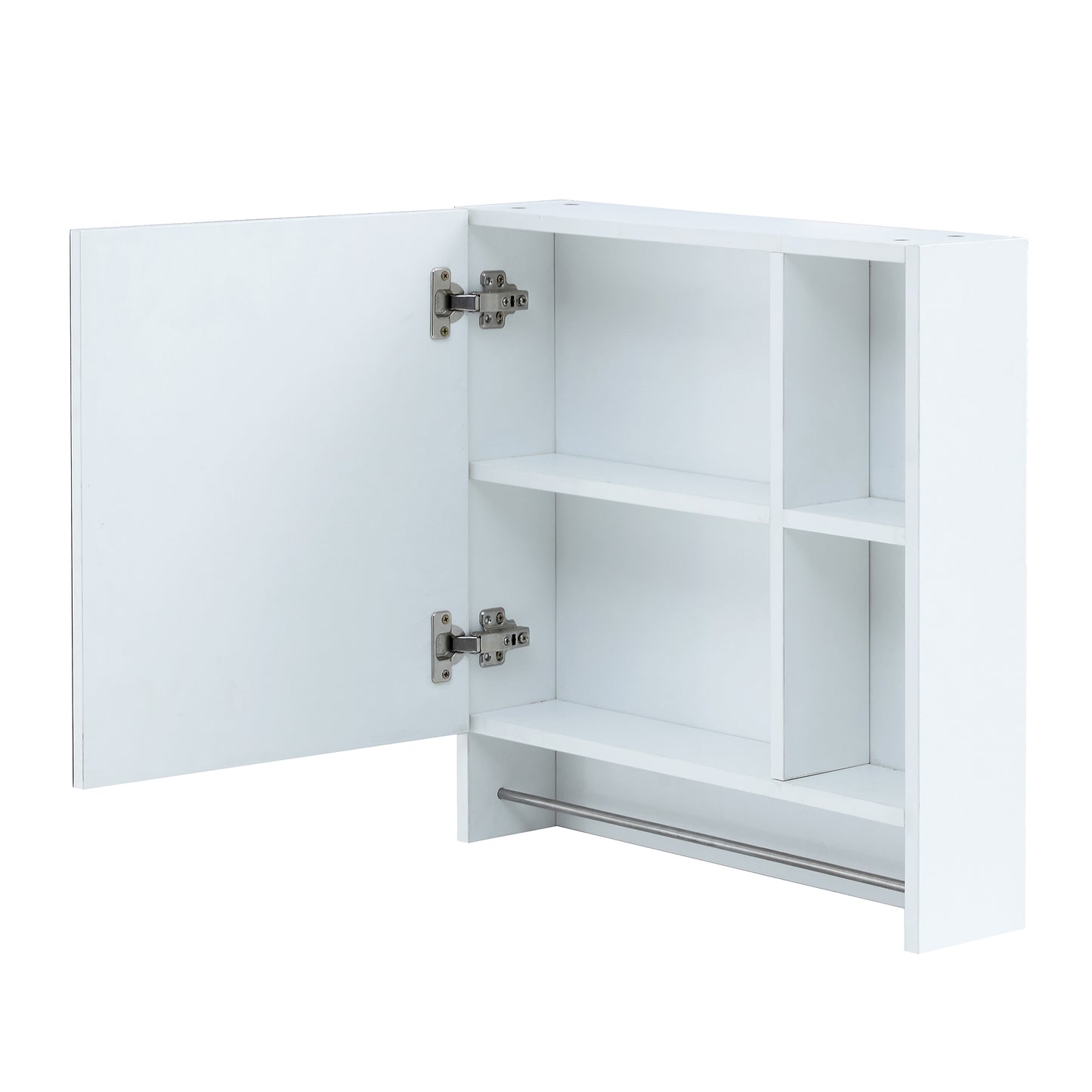 White bathroom cabinet with open door two shelves and towel bar