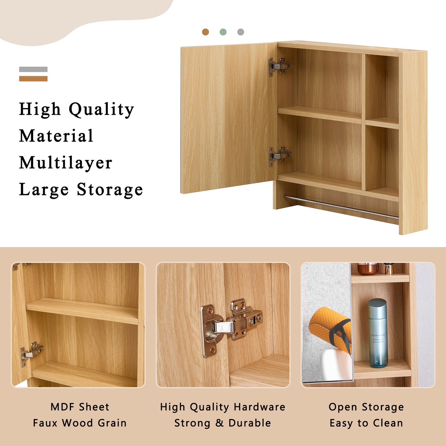 Light oak wood wall cabinet with open shelves and metal towel bar