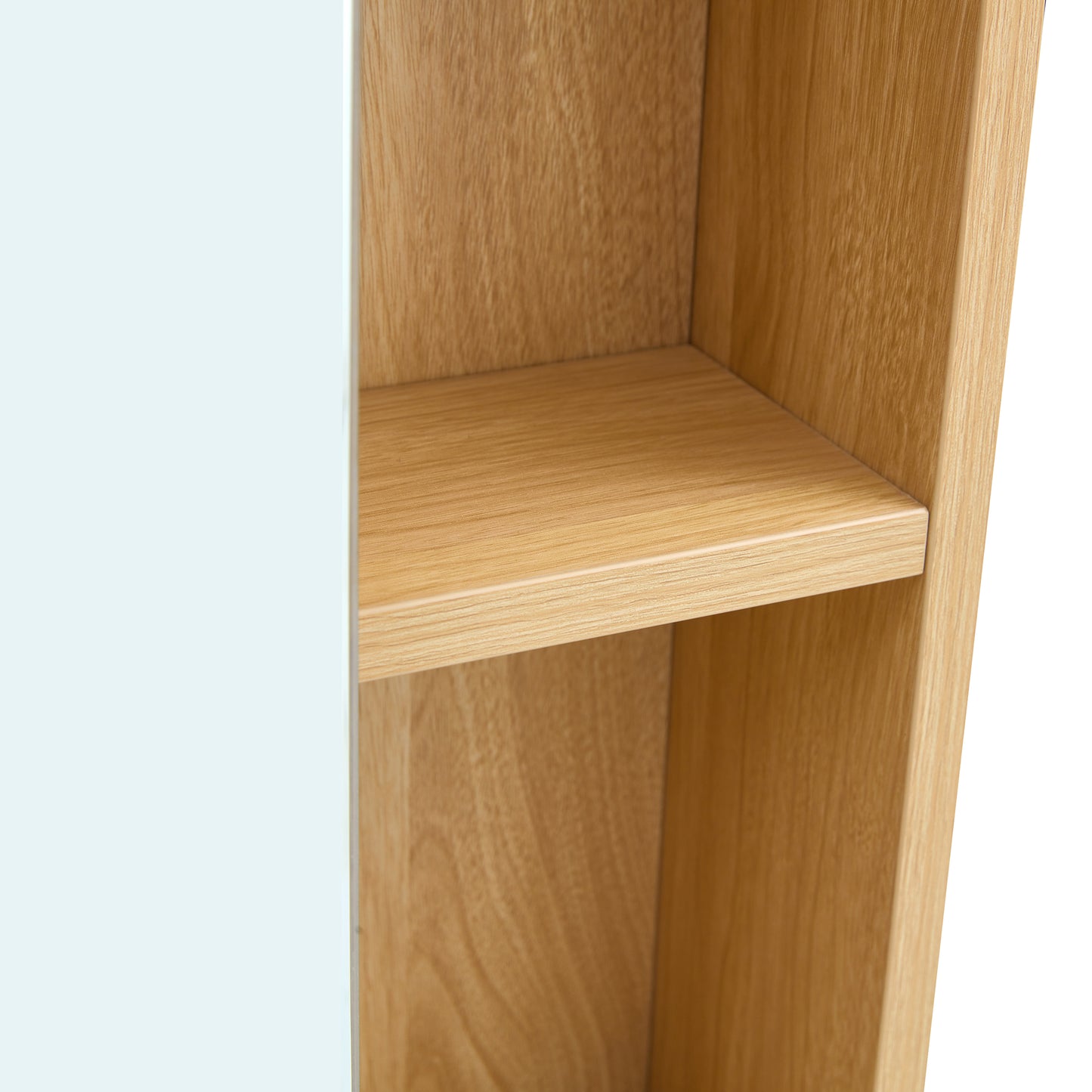 Closeup of a light oak wood shelf showing natural grain detail for modern decor