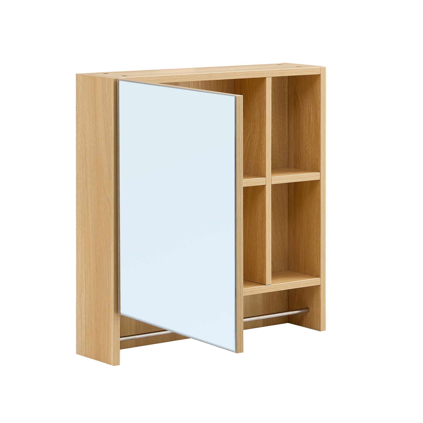 Light oak wall cabinet with mirrored door and open shelving for bathroom storage