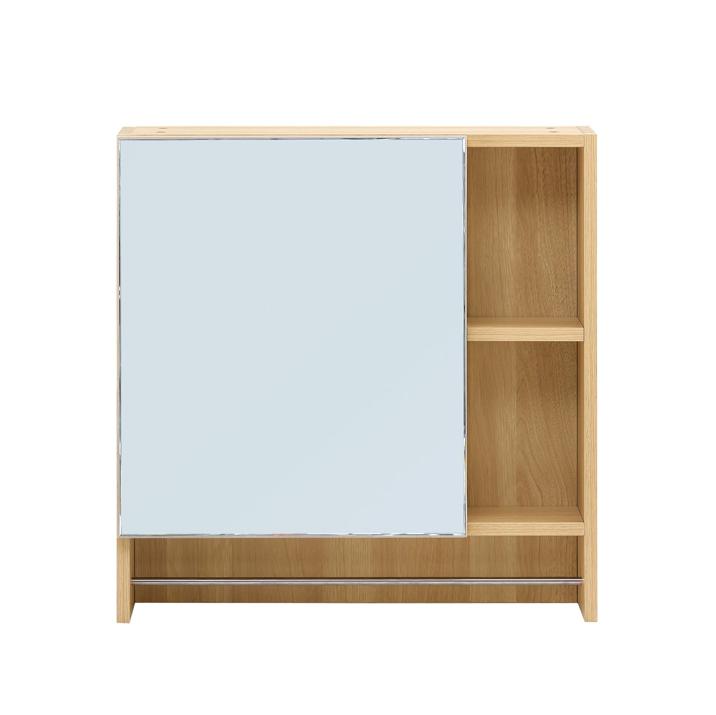 Modern wood bathroom cabinet with mirrored door and open shelving