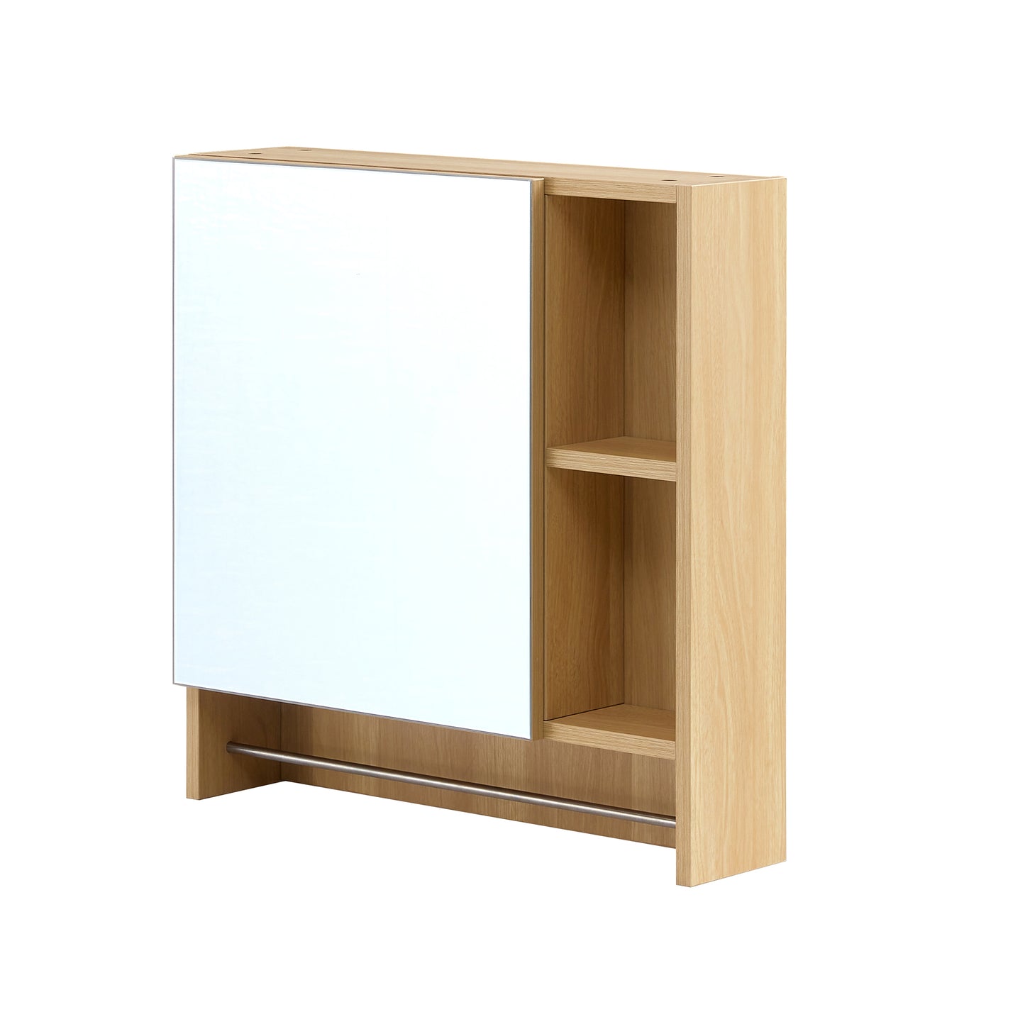 Modern oak medicine cabinet with mirrored door and open shelving